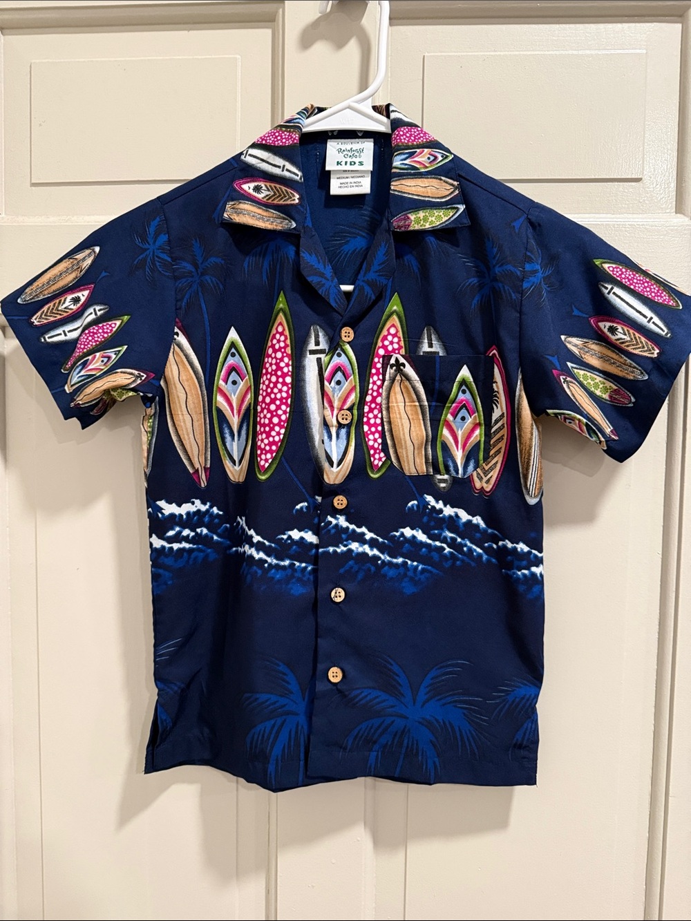 Kids Rainforest Cafe Navy Button Down Surfboard Print Hawaiian Shirt Size Medium